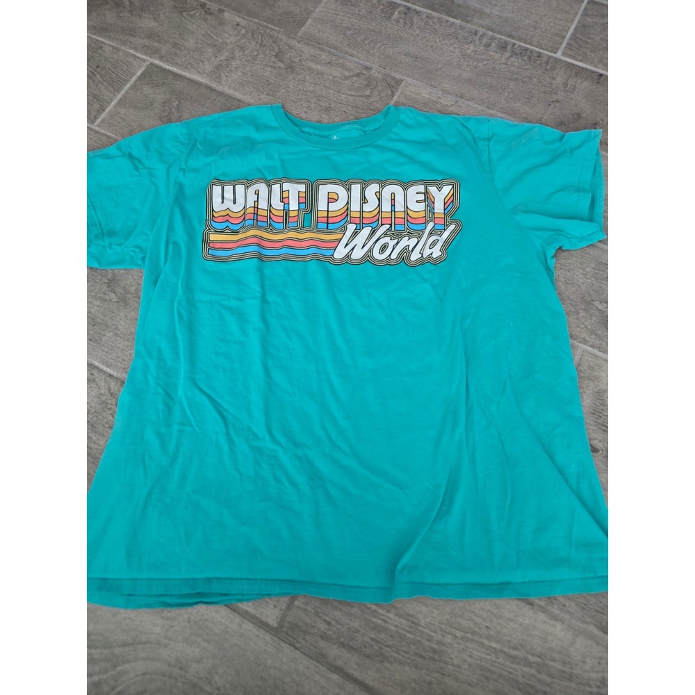 Disney Walt Disney World Teal Blue Retro Rainbow Graphic Tee Shirt XXL Womens